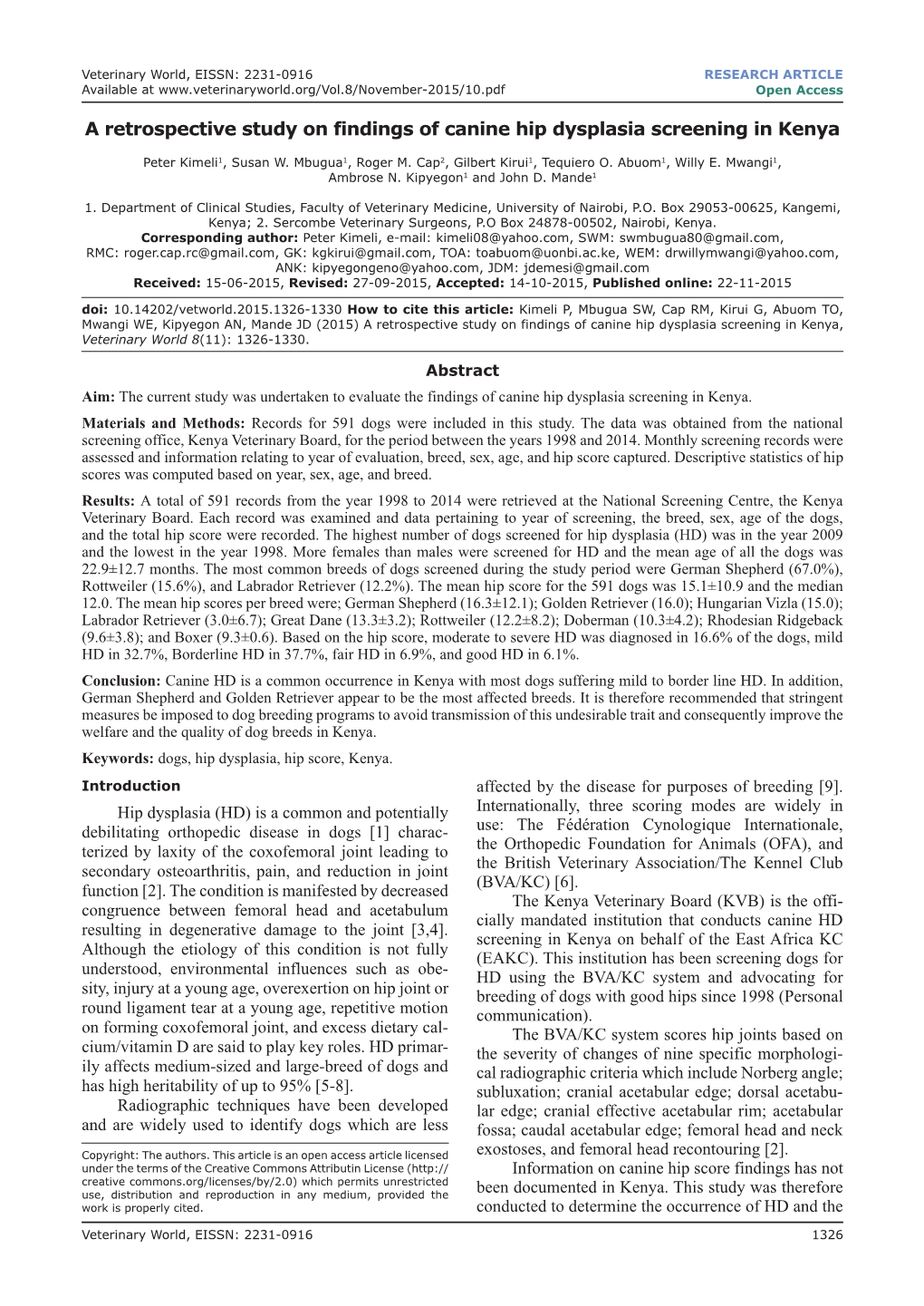 A Retrospective Study on Findings of Canine Hip Dysplasia Screening in Kenya