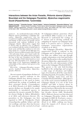 Interactions Between the Avian Parasite, Philornis Downsi (Diptera: Muscidae) and the Galapagos Flycatcher, Myiarchus Magnirostris Gould (Passeriformes: Tyrannidae)