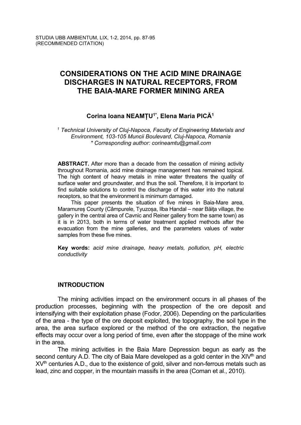 Considerations on the Acid Mine Drainage Discharges in Natural Receptors, from the Baia-Mare Former Mining Area