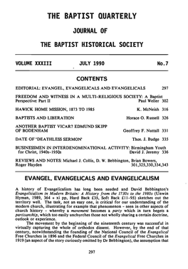 The Baptist Quarterly Jou.Rnal of the Baptist Historical Society