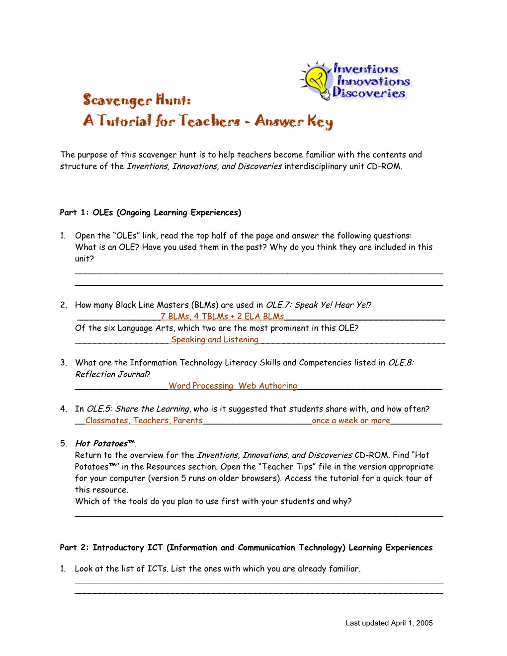 Inventions, Innovations and Discoveries Scavenger Hunt