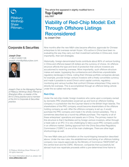 Viability of Red-Chip Model: Exit Through Offshore Listings Reconsidered by Joseph Chan