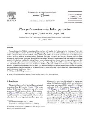 Chenopodium Quinoa—An Indian Perspective Atul Bhargava ∗, Sudhir Shukla, Deepak Ohri
