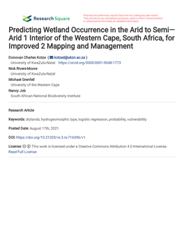 Predicting Wetland Occurrence in the Arid to Semi— Arid 1 Interior of the Western Cape, South Africa, for Improved 2 Mapping and Management