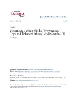 Novartis Ag V. Union of India: "Evergreening," Trips, and "Enhanced Efficacy" Under Section 3(D) Dorothy Du