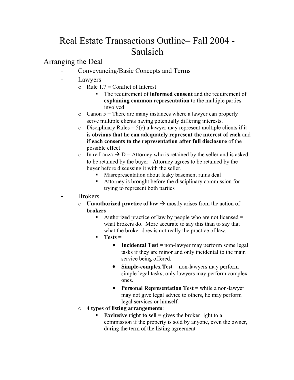 Real Estate Transactions Outline Fall 2004