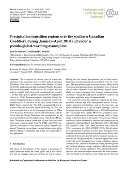 Precipitation Transition Regions Over the Southern Canadian Cordillera During January–April 2010 and Under a Pseudo-Global-Warming Assumption