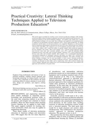 Practical Creativity: Lateral Thinking Techniques Applied to Television Production Education*