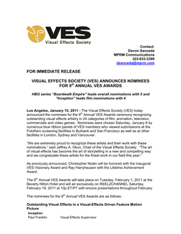 For Immediate Release Visual Effects Society
