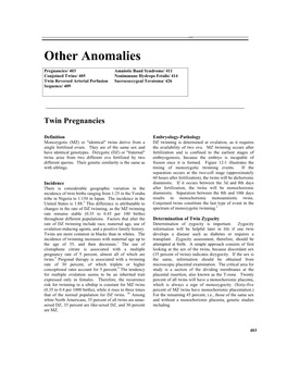 Nonimmune Hydrops Fetalis/ 414 Twin Reversed Arterial Perfusion Sacrococcygeal Teratoma/ 426 Sequence/ 409