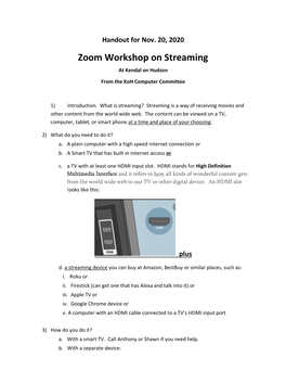 Zoom Workshop on Streaming at Kendal on Hudson