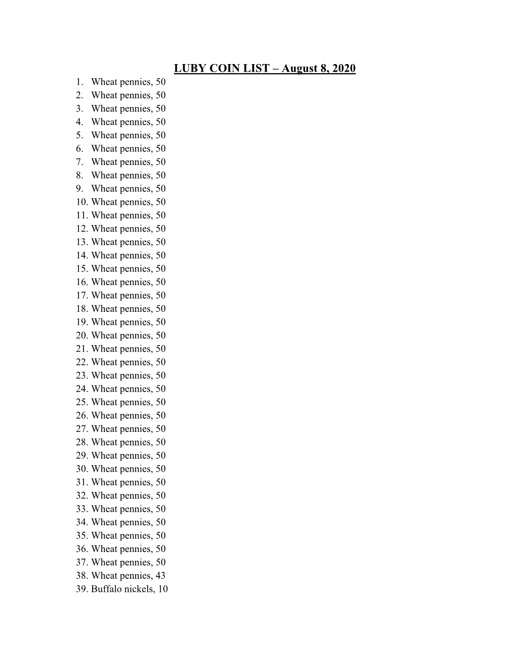 LUBY COIN LIST – August 8, 2020 1