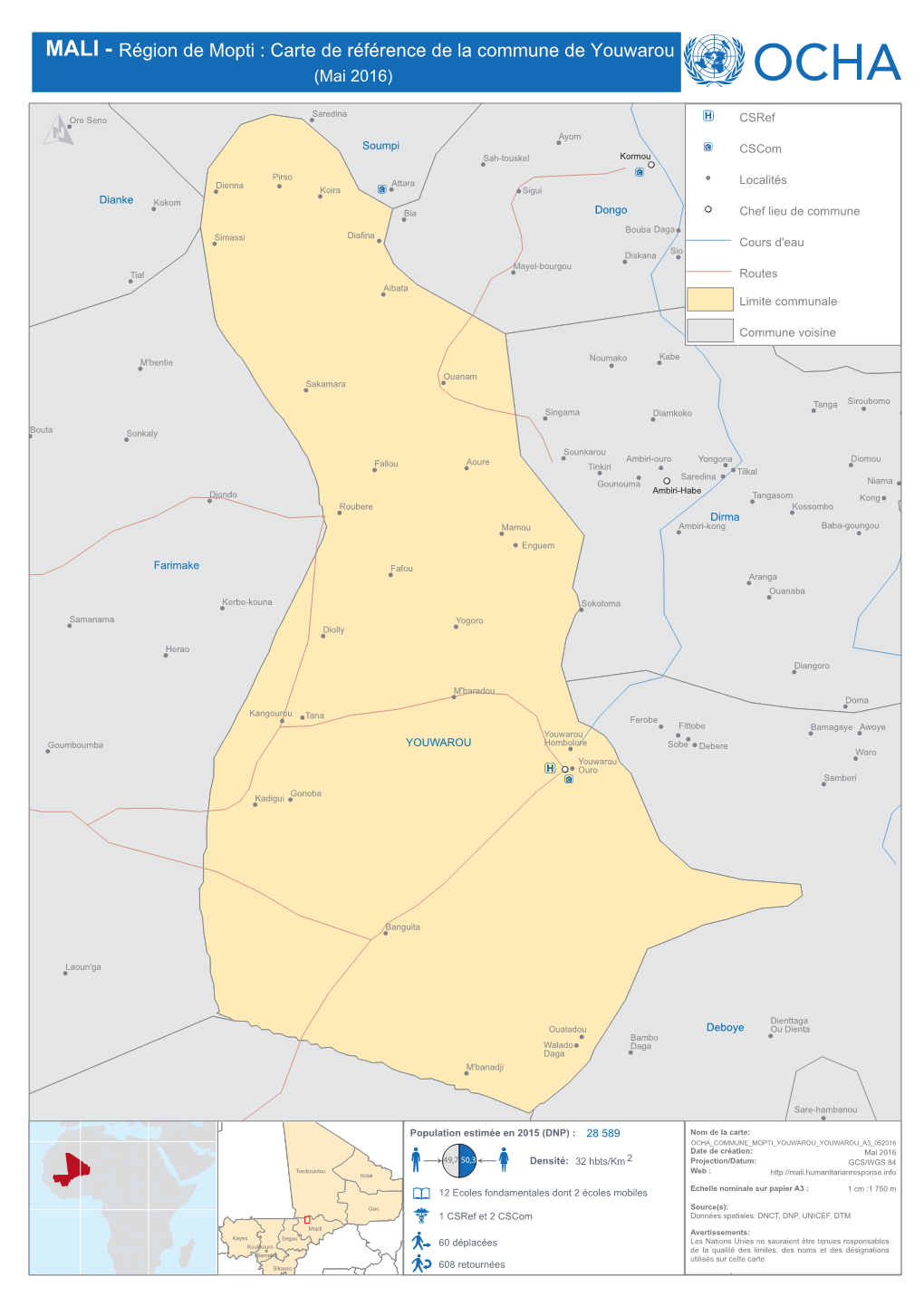 Région De Mopti : Carte De Référence De La Commune De Youwarou (Mai 2016)