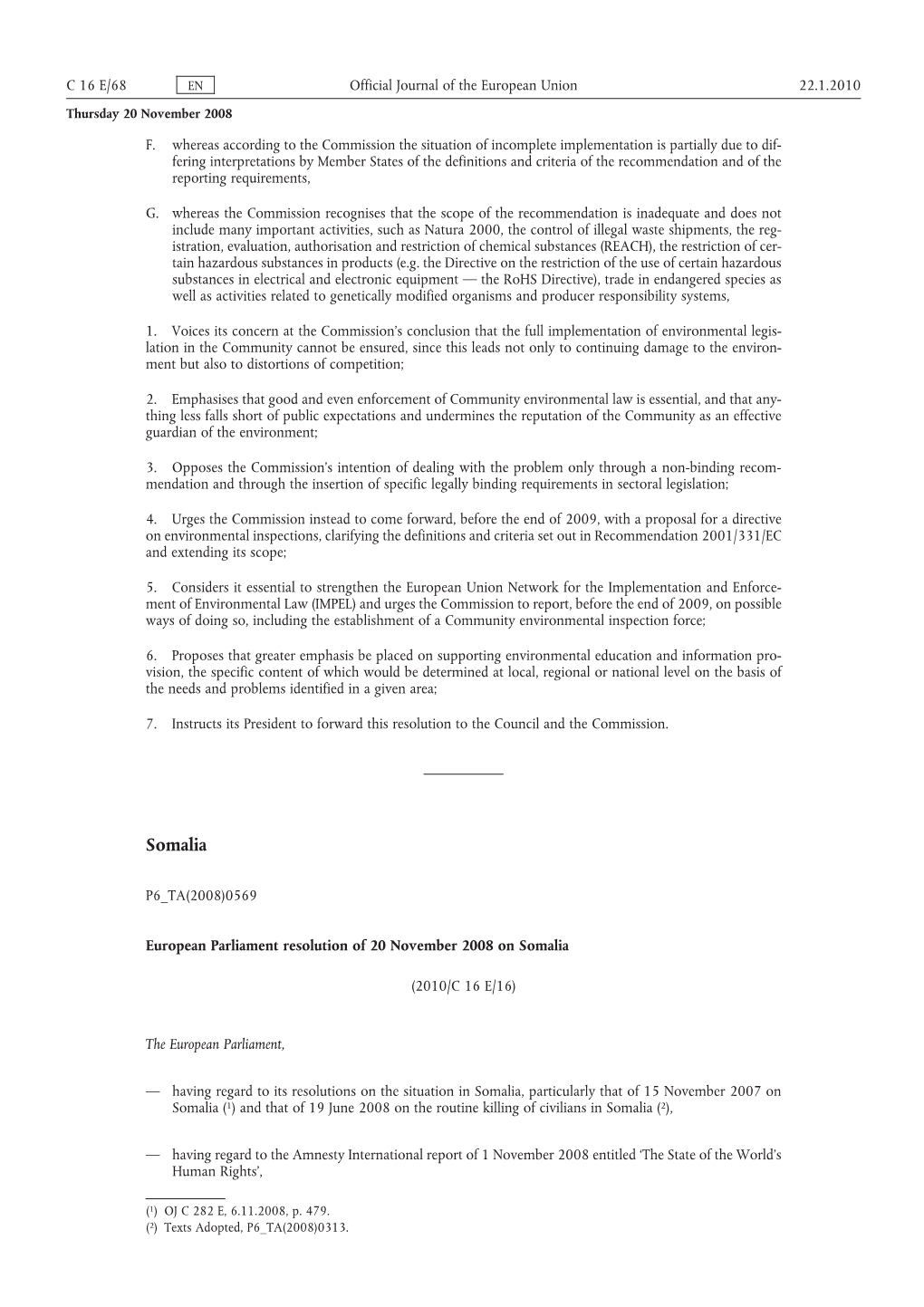 Somaliaeuropean Parliament Resolution of 20 November 2008 On