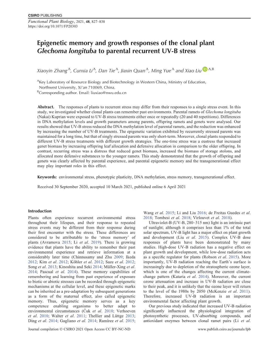 Epigenetic Memory and Growth Responses of the Clonal Plant Glechoma Longituba to Parental Recurrent UV-B Stress