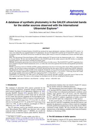A Database of Synthetic Photometry in the GALEX Ultraviolet Bands for The