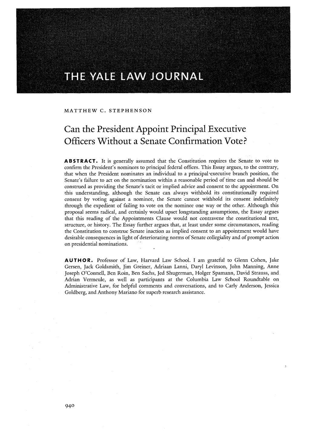 Can the President Appoint Principal Executive Officers Without a Senate Confirmation Vote?