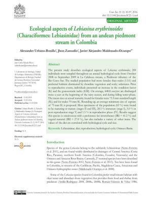 Ecological Aspects of Lebiasina Erythrinoides (Characiformes: Lebiasinidae) from an Andean Piedmont Stream in Colombia