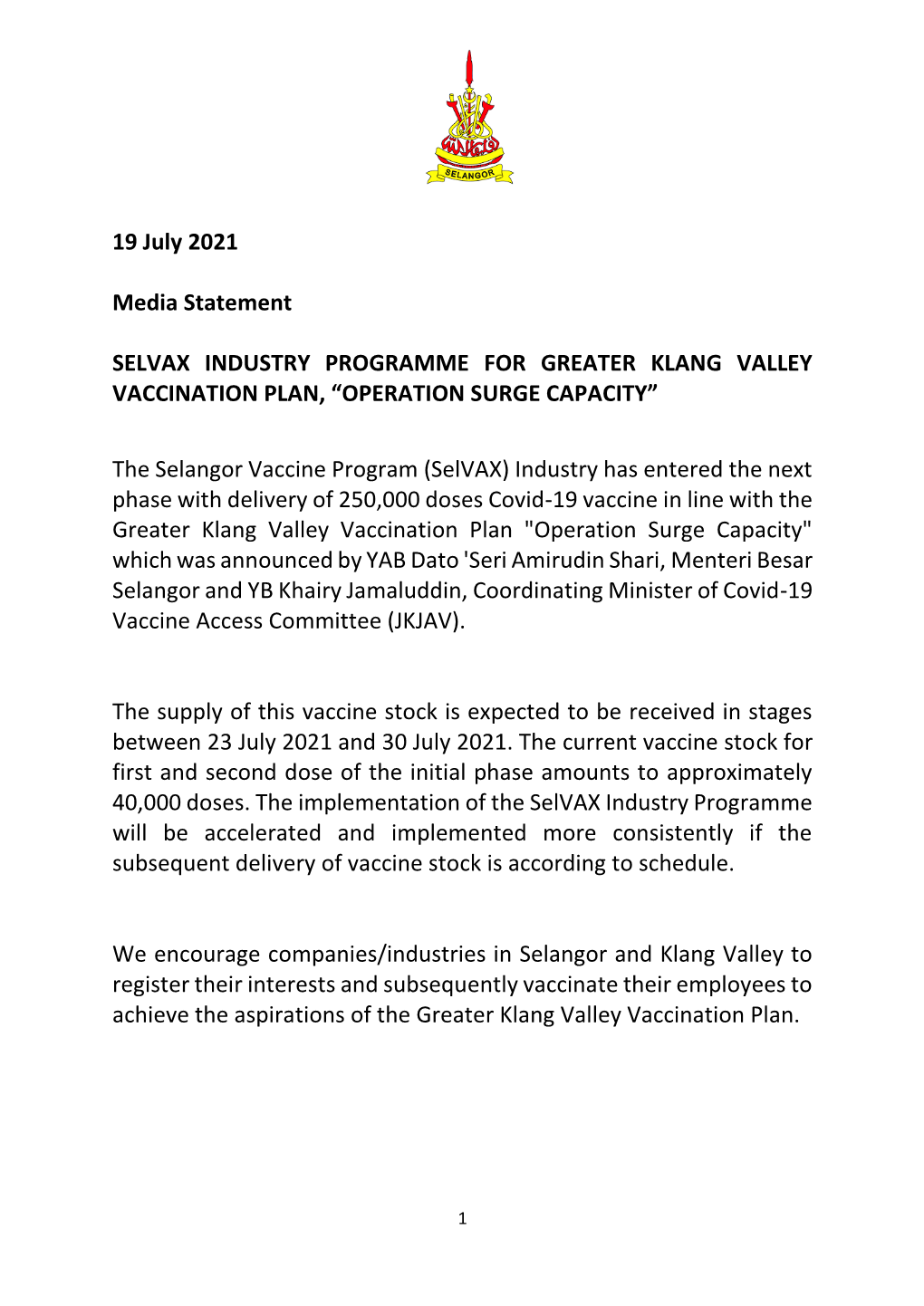 19 July 2021 Media Statement SELVAX INDUSTRY