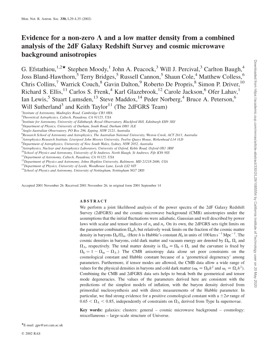 Evidence for a Non-Zero L and a Low Matter Density from a Combined Analysis of the 2Df Galaxy Redshift Survey and Cosmic Microwa