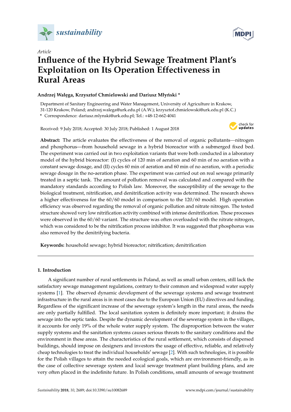 Influence of the Hybrid Sewage Treatment Plant's Exploitation on Its