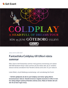 Fantastiska Coldplay Till Ullevi Nästa Sommar