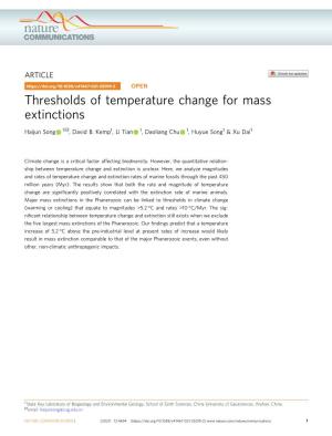 Thresholds of Temperature Change for Mass Extinctions ✉ Haijun Song 1 , David B