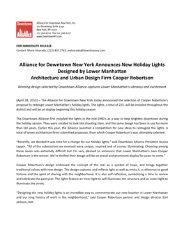 Alliance for Downtown New York Announces New Holiday Lights Designed by Lower Manhattan Architecture and Urban Design Firm Cooper Robertson