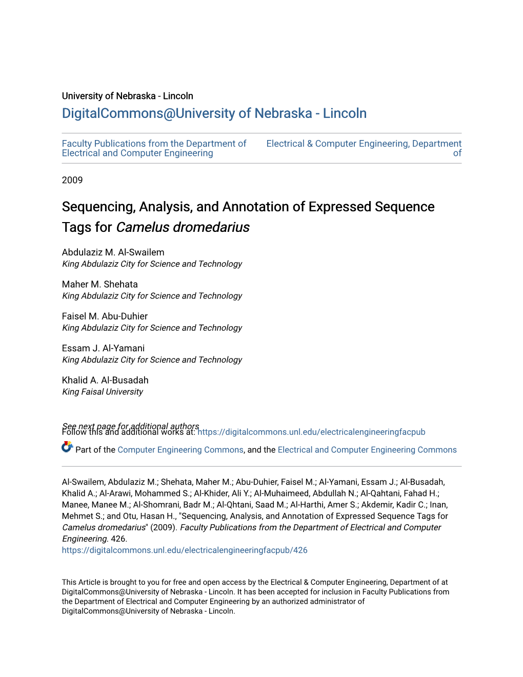 Sequencing, Analysis, and Annotation of Expressed Sequence Tags for Camelus Dromedarius