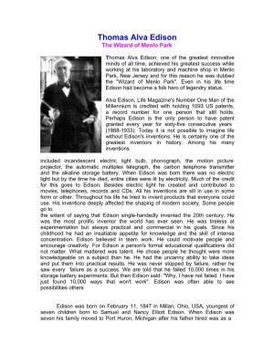 Thomas Alva Edison the Wizard of Menlo Park