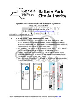 Report to Manhattan Community Board 1 – Battery Park City Committee Wednesday, January 2, 2019