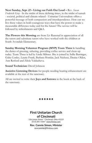First Unitarian Church of Cincinnati 536 Linton Street * Cincinnati, Ohio 45219 (513) 281-1564 *