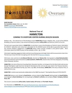 Hamilton Coming to Overture Center During 2019/20 Season