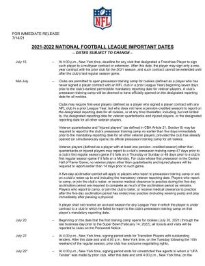 2021-2022 National Football League Important Dates – Dates Subject to Change –