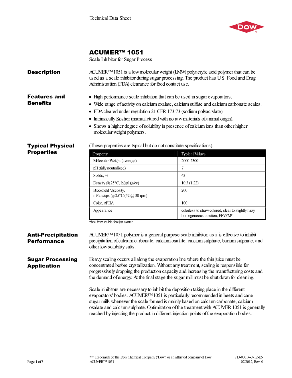 ACUMER™ 1051 Scale Inhibitor for Sugar Process