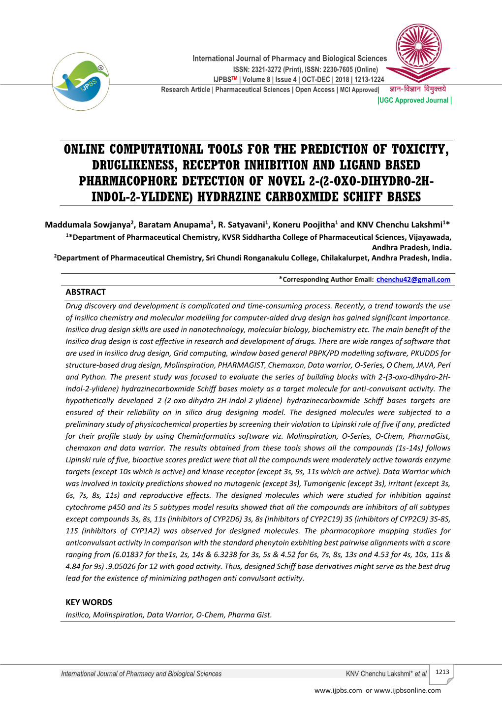 Online Computational Tools for the Prediction of Toxicity, Druglikeness, Receptor Inhibition and Ligand Based Pharmacophore Dete