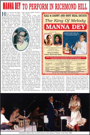 MANNA DEY Many Concerts Together in India As Ere Is a Treat for the Indian to PERFORM in RICHMOND HILL Music Lovers of New Well As Abroad"