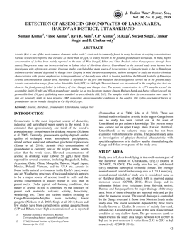 DETECTION of ARSENIC in GROUNDWATER of LAKSAR AREA, HARIDWAR DISTRICT, UTTARAKHAND Sumant Kumar 1, Vinod Kumar 1, Ravi K