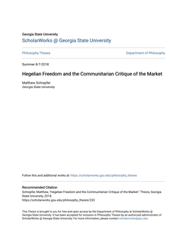 Hegelian Freedom and the Communitarian Critique of the Market
