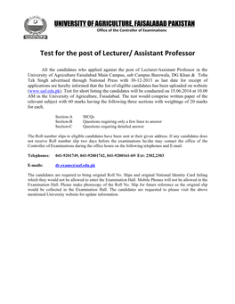 Test for the Post of Lecturer/ Assistant Professor