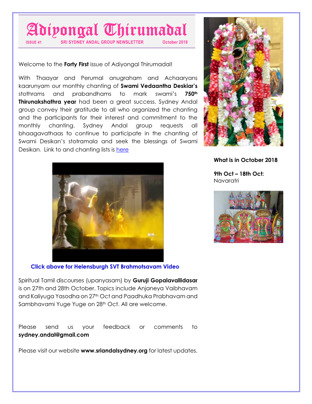 Adiyongal Thirumadal ISSUE 41 SRI SYDNEY ANDAL GROUP NEWSLETTER October 2018