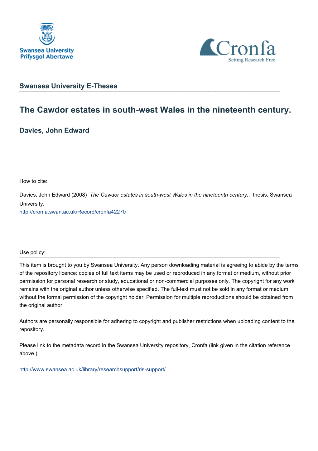 The Cawdor Estates in South-West Wales in the Nineteenth Century