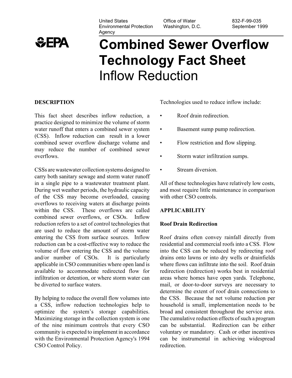 Combined Sewer Overflow Technology Fact Sheet Inflow Reduction