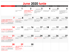 June 2020 Iunie Sunday/Duminică Monday/Luni Tuesday/Marţi Wednesday/Miercuri Thursday/Joi Friday/Vineri Saturday/Sâmbătă