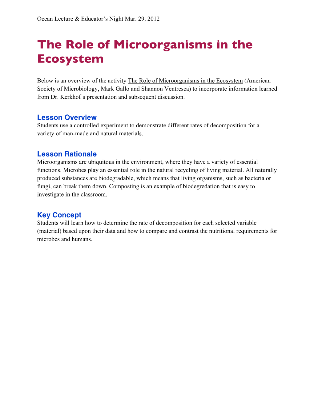 The Role of Microorganisms in the Ecosystem