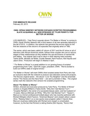 Oprah Winfrey Network Expands Scripted Programming Slate Acquiring All New Episodes of Tyler Perry’S ‘For Better Or Worse’