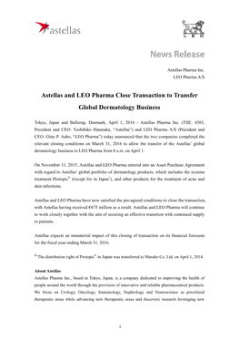 Astellas and LEO Pharma Close Transaction to Transfer Global Dermatology Business