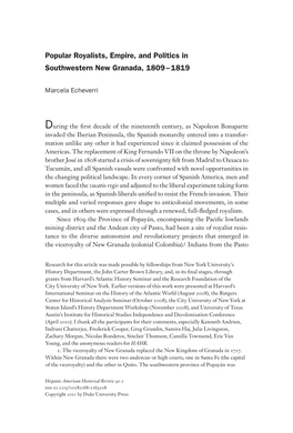 Popular Royalists, Empire, and Politics in Southwestern New Granada, 1809 – 1819