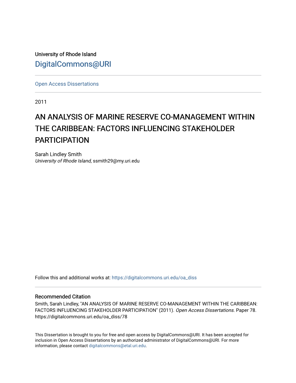 An Analysis of Marine Reserve Co-Management Within the Caribbean: Factors Influencing Stakeholder Participation