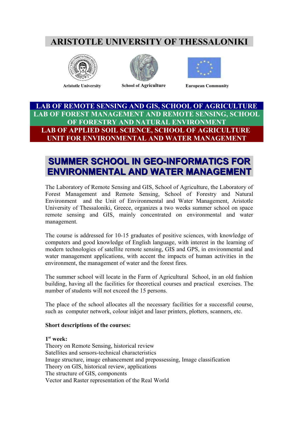 Summer School in Geo-Informatics for Environmental and Water Management